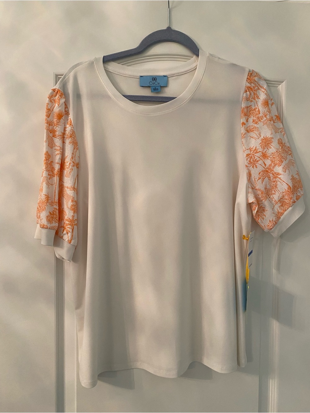 CeCe Cream Tee with Orange Floral Puff Sleeves
